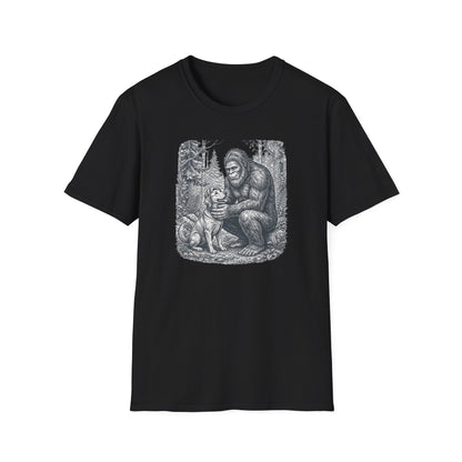 Bigfoot & Dog Graphic T-Shirt — Retro Wilderness Sasquatch Design