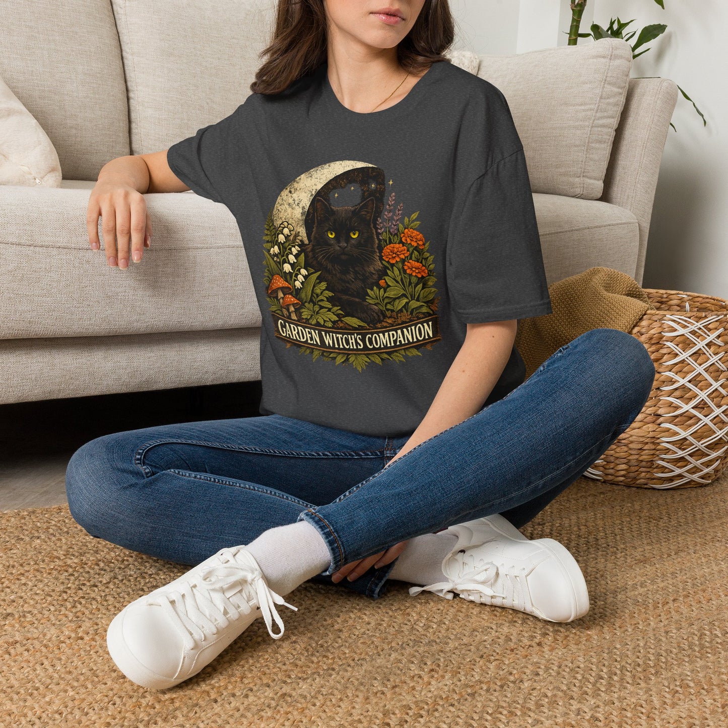 Garden Witch's Companion Cat T-Shirt — Moon, Marigold & Lily of the Valley Graphic Tee