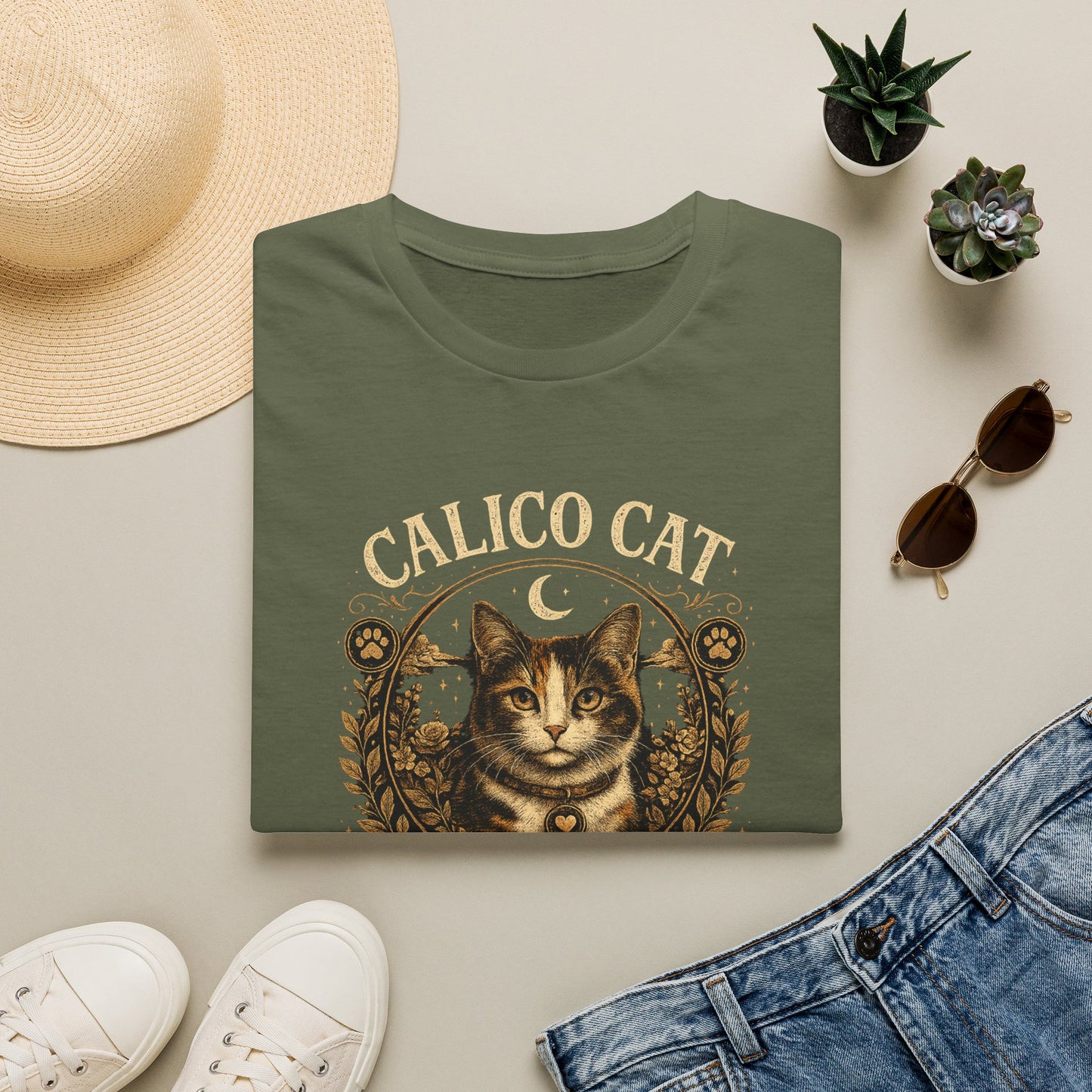 Calico Cat Society T-Shirt — Vintage Moon & Floral Cat Graphic