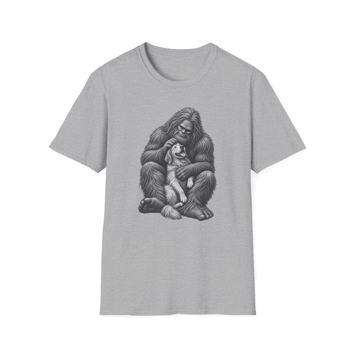 Bigfoot & Puppy Tee — Gentle Sasquatch Holding Dog Graphic T-Shirt