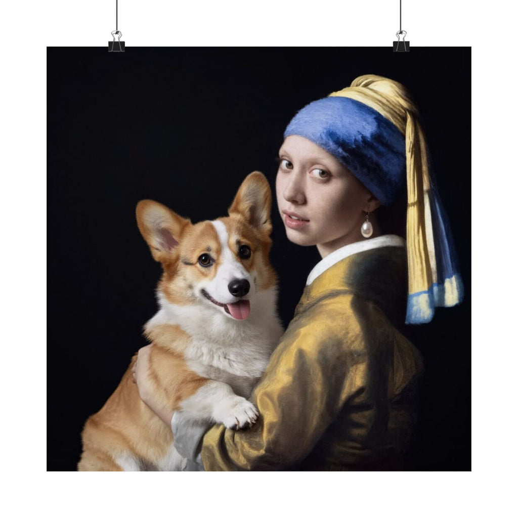 Póster mate de Corgi y la joven de la perla: retrato clásico de mascota para pared