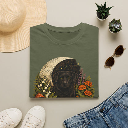 Witch’s Companion Black Dog T-Shirt — “Garden Witch’s Companion” Moon & Floral Tee