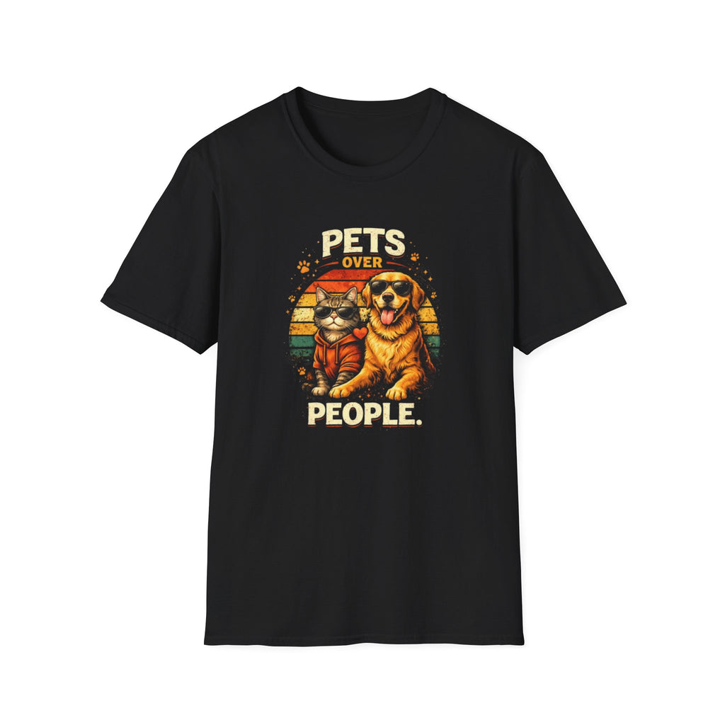 Pets Over People T-Shirt — Retro Cat & Dog Graphic Tee for Pet Lovers
