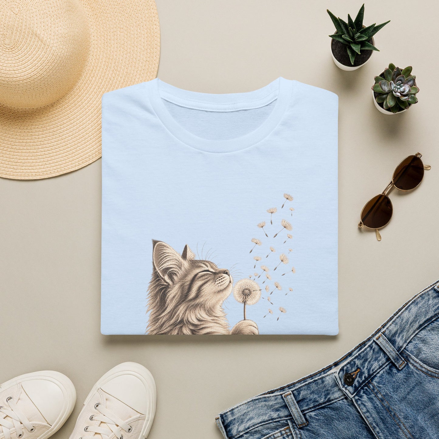 Cat Dandelion T-Shirt — Cute Cat Blowing Dandelion Graphic Tee