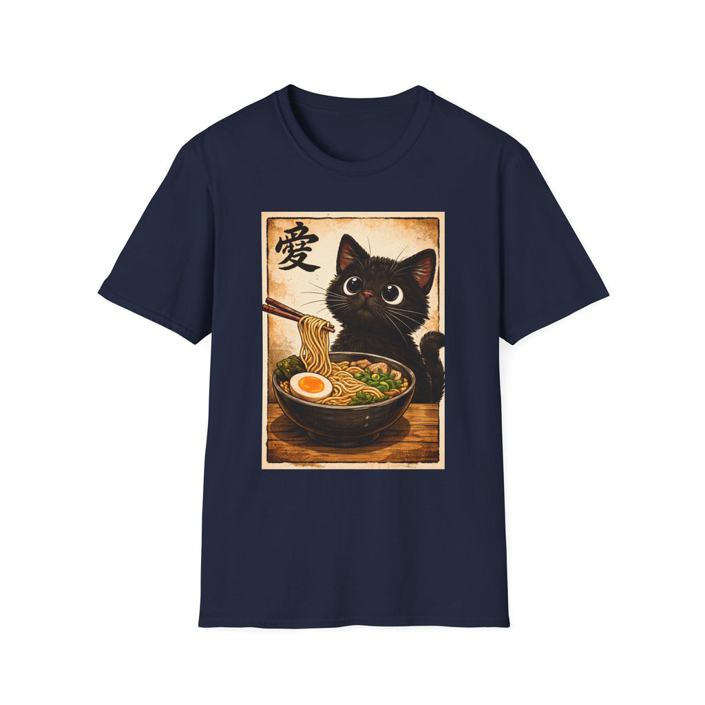 Camiseta de gato ramen: un adorable gato negro comiendo ramen, personaje vintage japonés de amor.