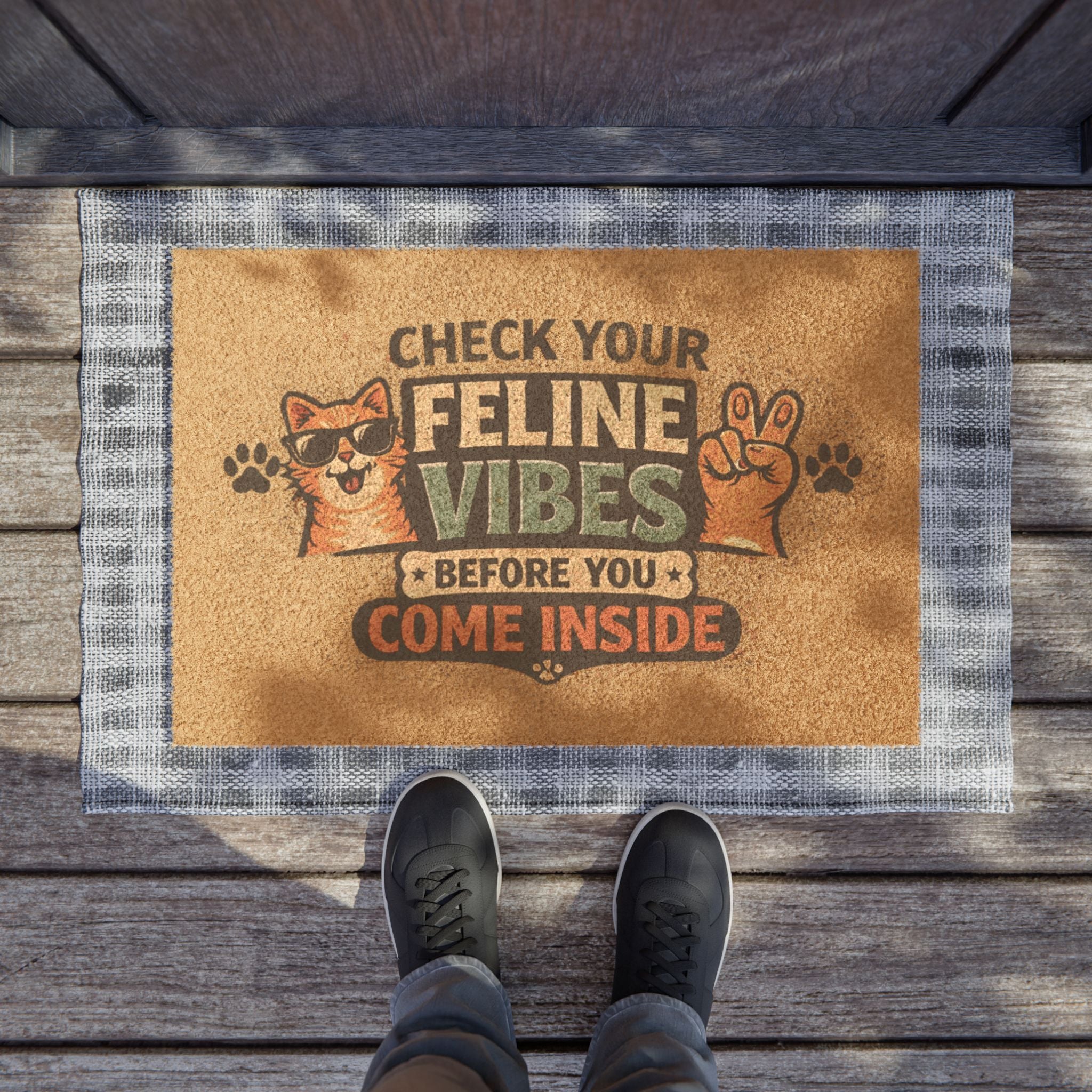 Check Your Feline Vibes Doormat — Funny Cat Welcome Mat