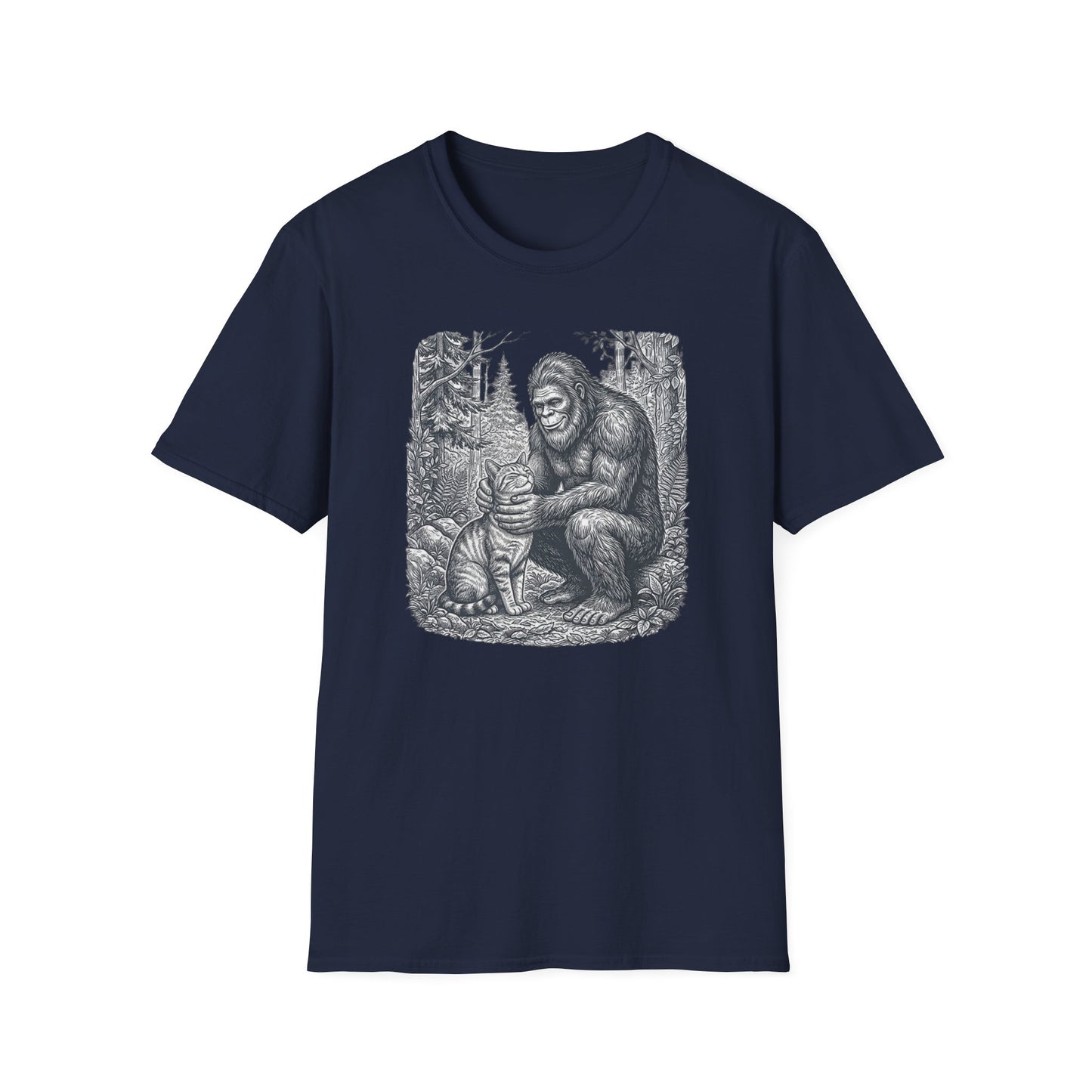 Bigfoot & Cat T-Shirt — Vintage Sasquatch Forest Illustration
