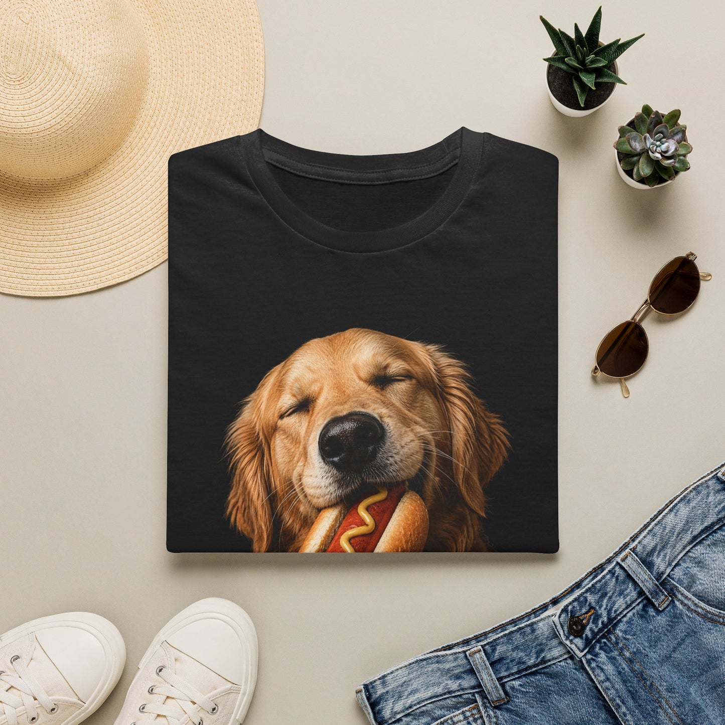Golden Retriever Hot Dog T-Shirt — Cute Dog Eating Hotdog Graphic Tee