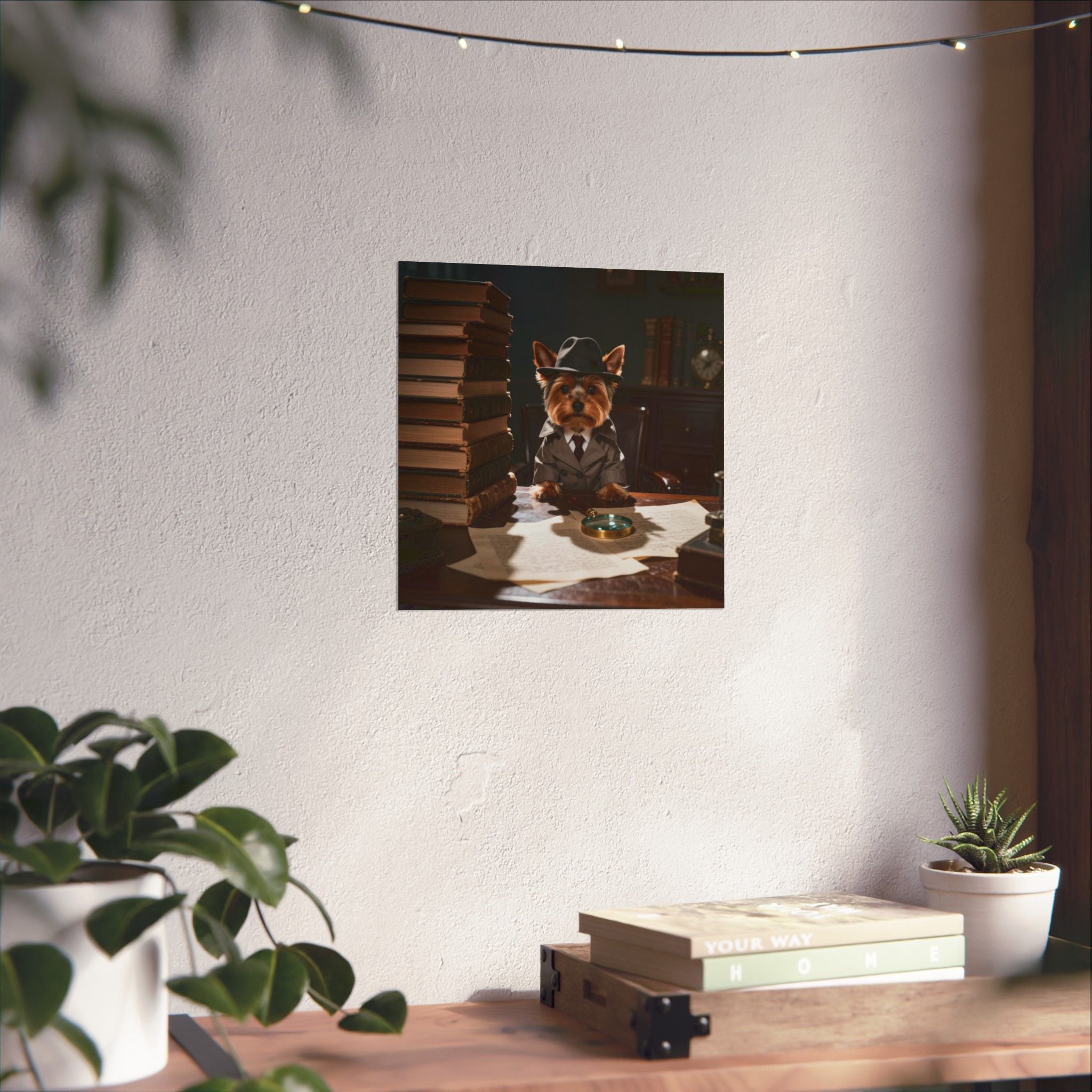 Detective Yorkie Poster — Cute Dog in Trench Coat Matte Vertical Art