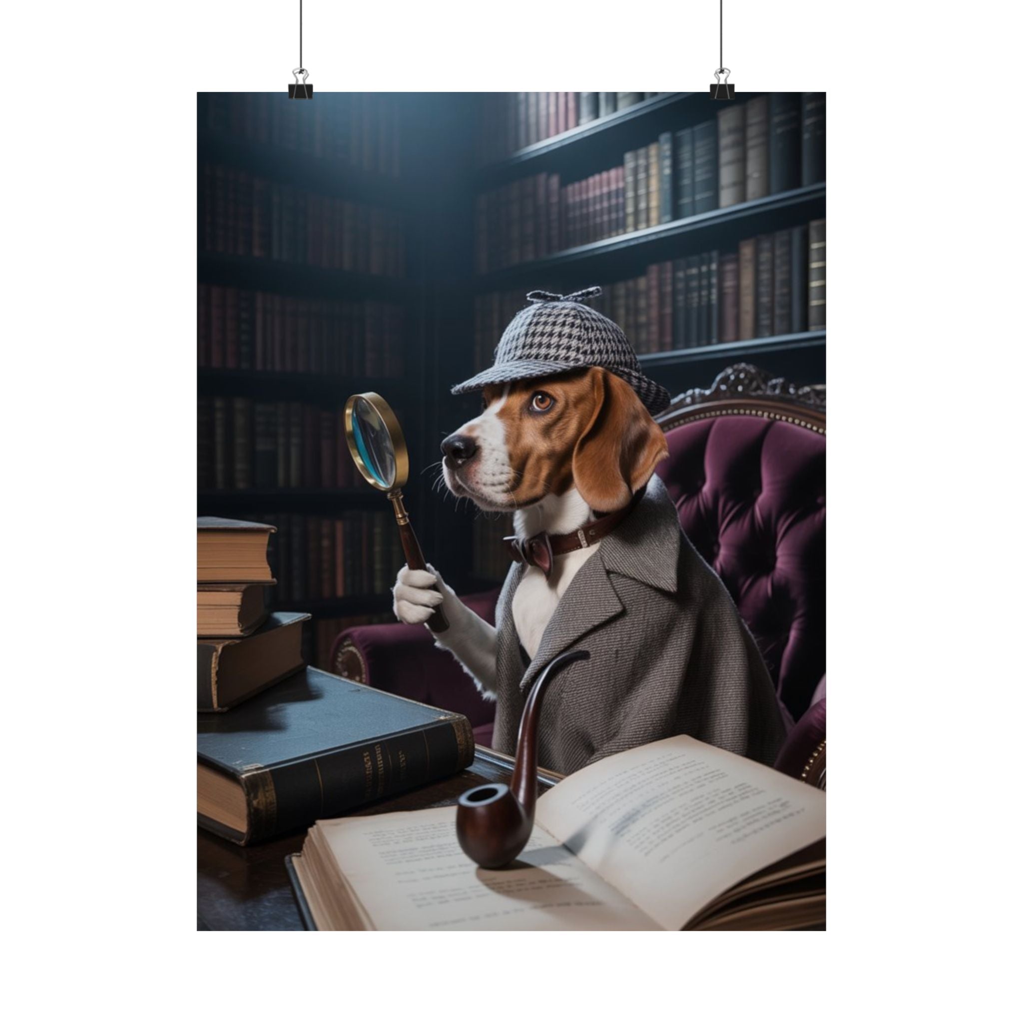 Póster mate de Detective Beagle — Arte mural vintage de perro de biblioteca