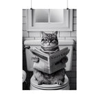 Cat Reading Newspaper Poster — Funny Black & White Matte Vertical Wall Art