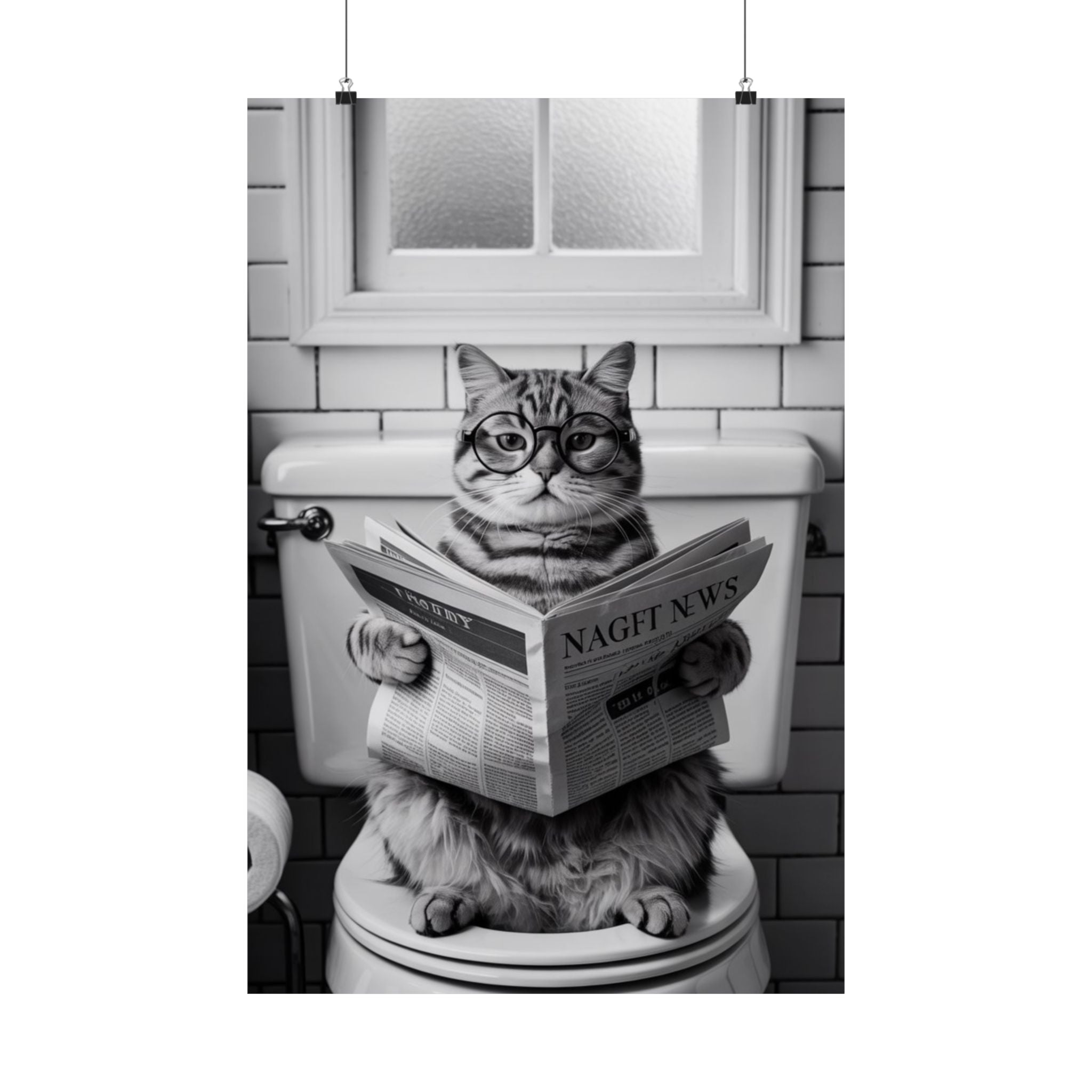 Digital download Cat Reading Newspaper Poster — Funny Black & White Matte Vertical Wall Art