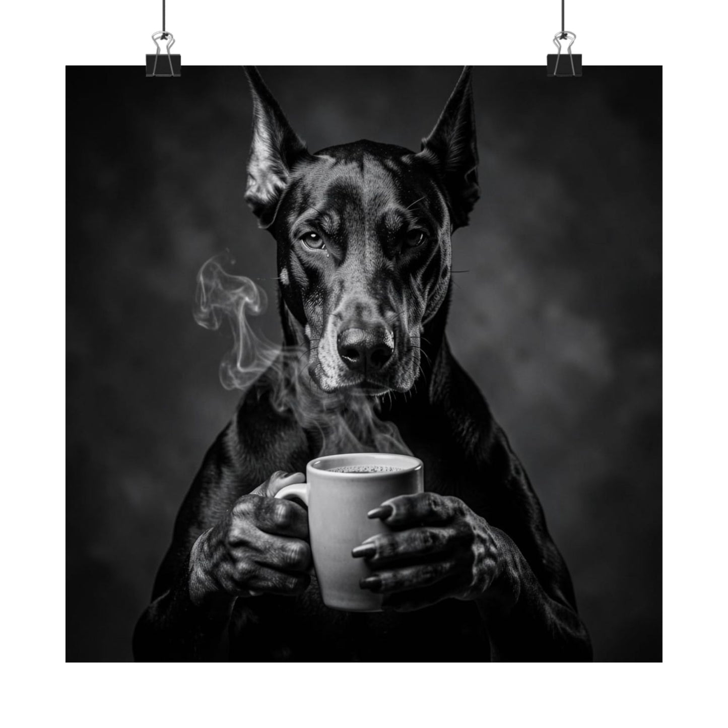 Doberman Coffee Poster — Black & White Matte Dog Art Print