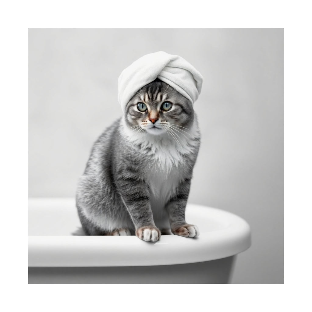Póster de spa para gatos: adorable gato gris con toalla en la bañera, impresión artística vertical mate.