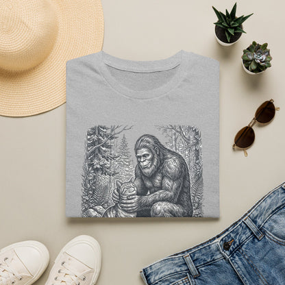 Bigfoot & Cat T-Shirt — Vintage Sasquatch Forest Illustration