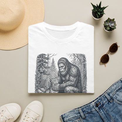 Bigfoot & Cat T-Shirt — Vintage Sasquatch Forest Illustration
