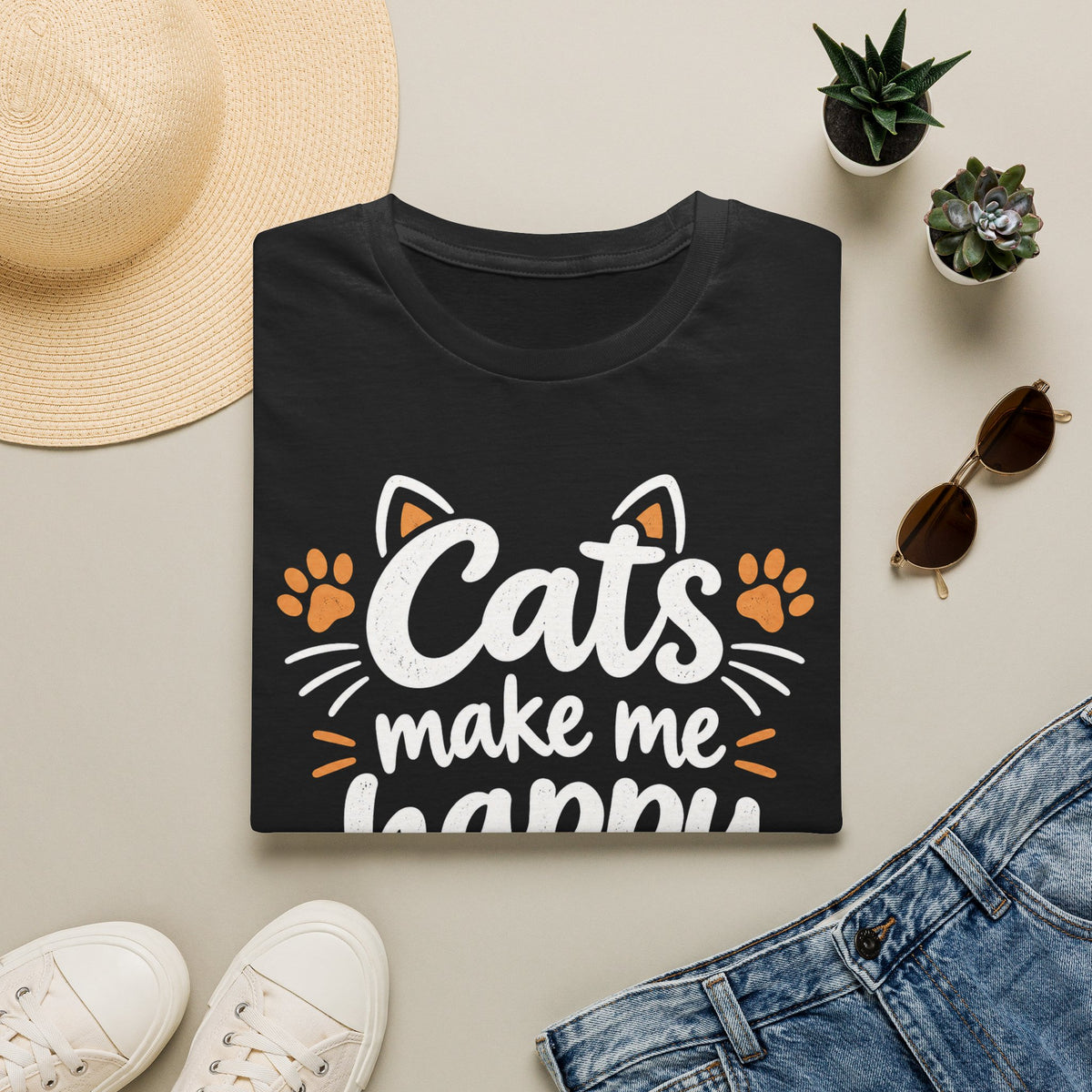 Cats make me happy T‑Shirt – Cute Paw Print & Heart Graphic Tee