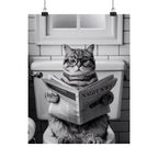 Cat Reading Newspaper Poster — Funny Black & White Matte Vertical Wall Art