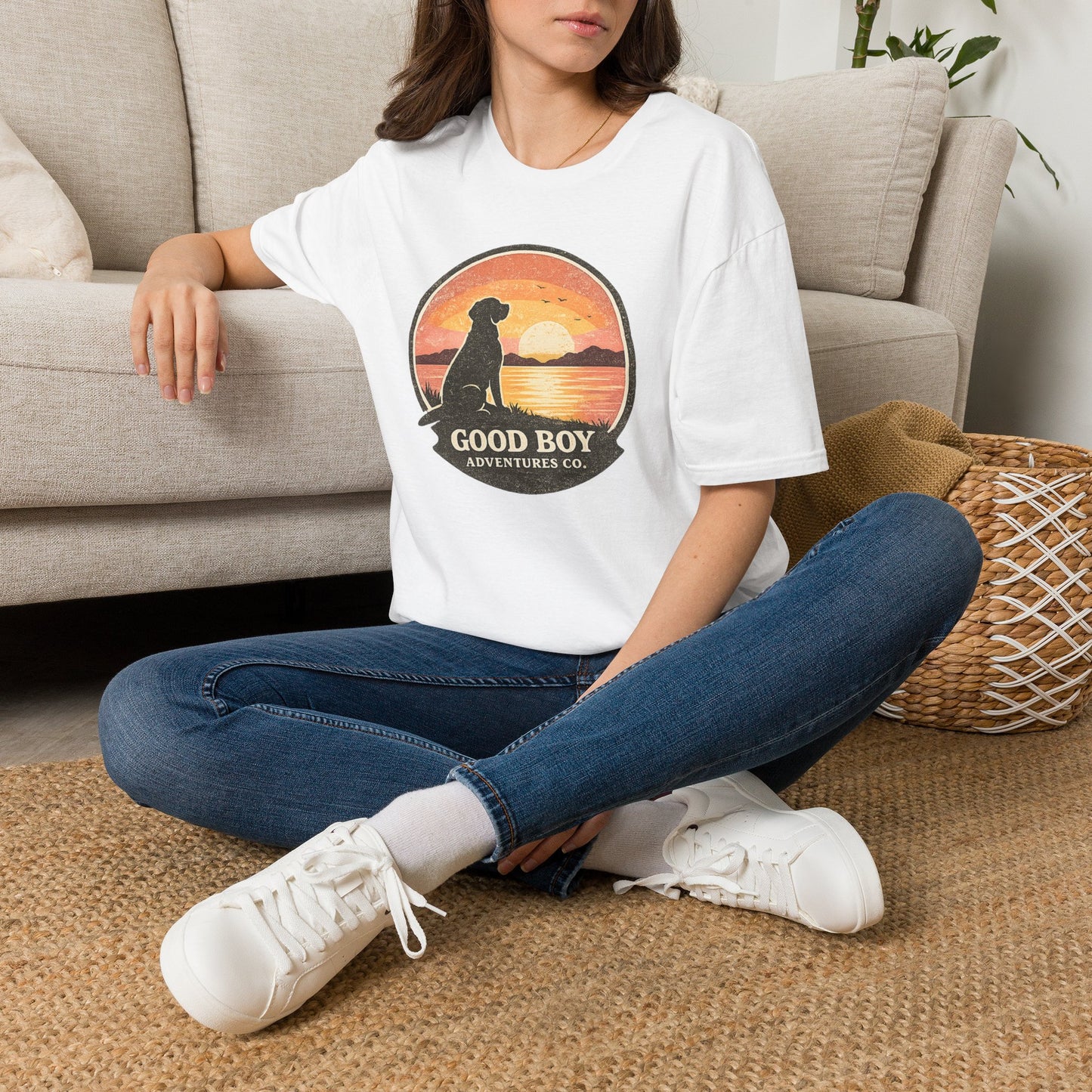 Dog Sunset T-Shirt — "Good Boy" Retro Beach Graphic Tee