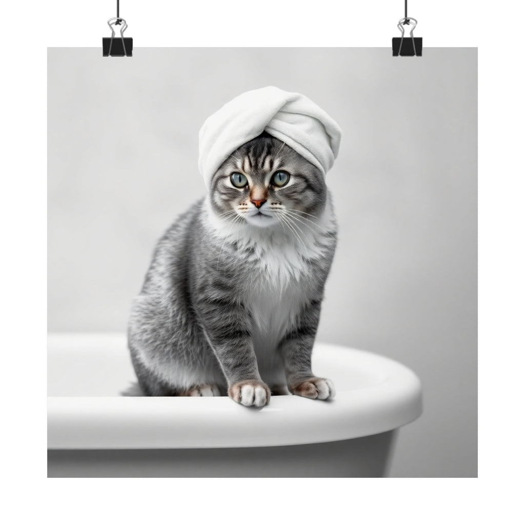 Póster de spa para gatos: adorable gato gris con toalla en la bañera, impresión artística vertical mate.