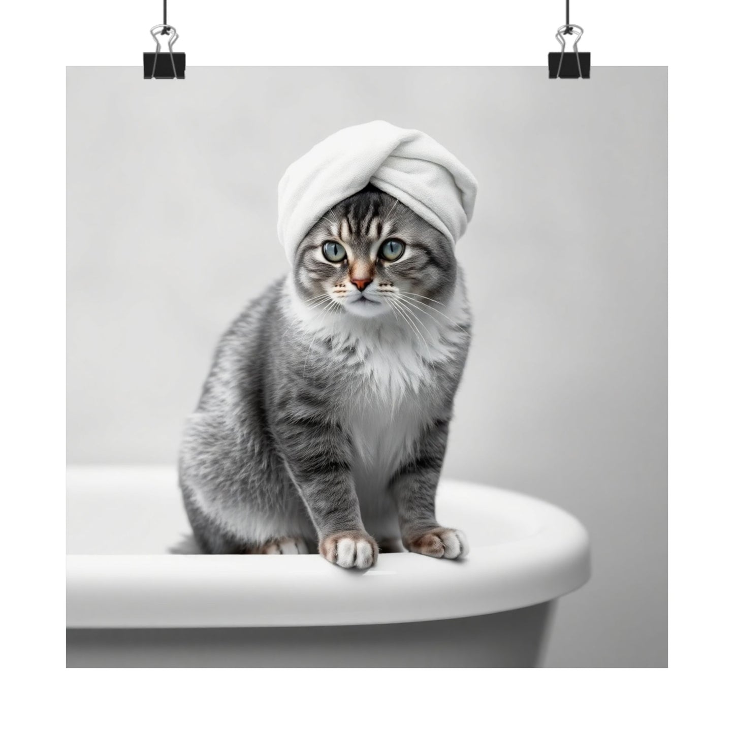 Digital download Cat Spa Poster — Cute Grey Cat with Towel on Bathtub Matte Vertical Art Print