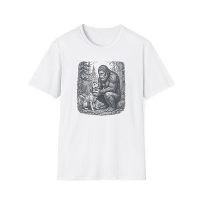 Bigfoot & Dog Graphic T-Shirt — Retro Wilderness Sasquatch Design