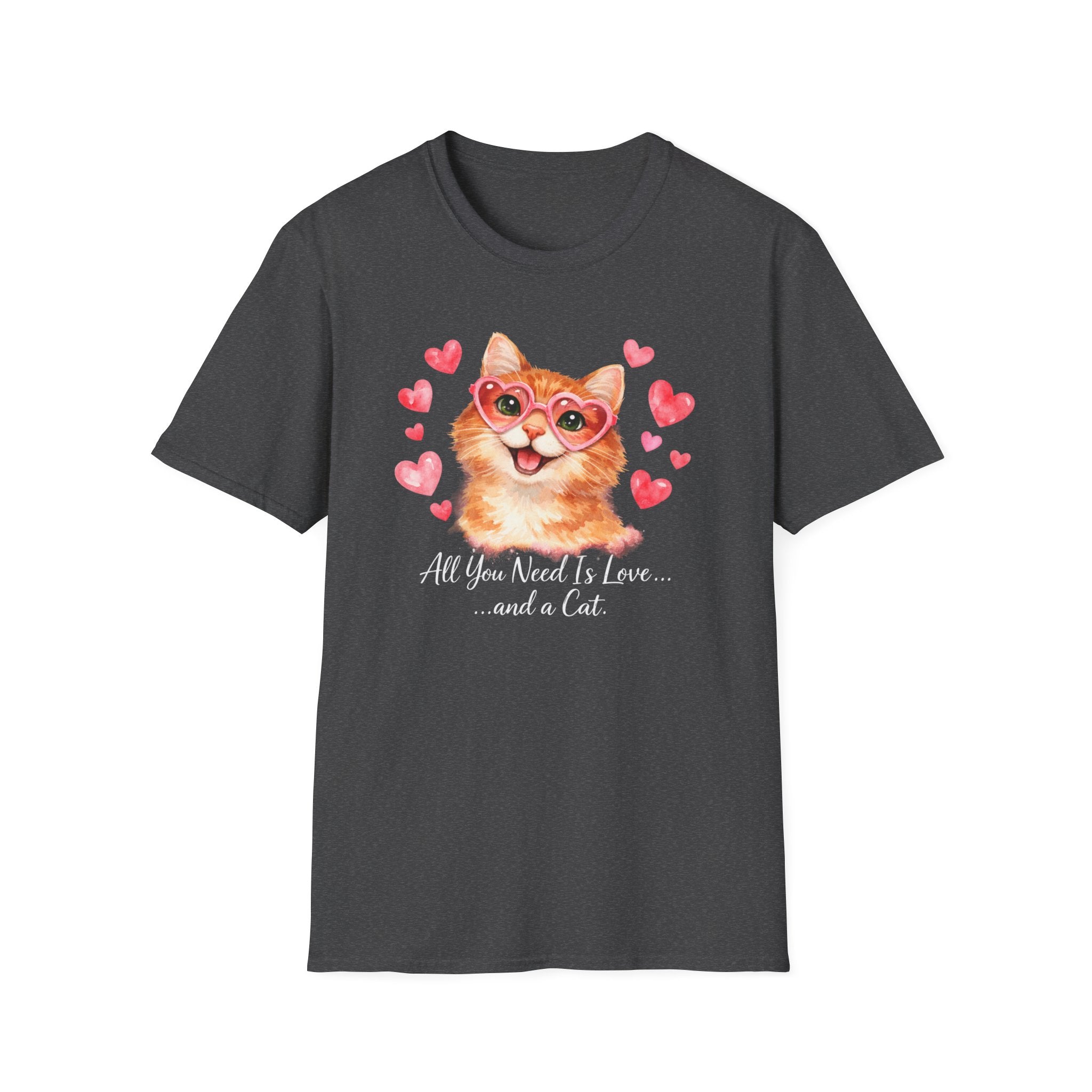 Todo lo que necesitas es amor... y una camiseta de gato — Linda camiseta de gatito con gafas de sol y corazón