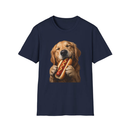 Golden Retriever Hot Dog T-Shirt — Cute Dog Eating Hotdog Graphic Tee