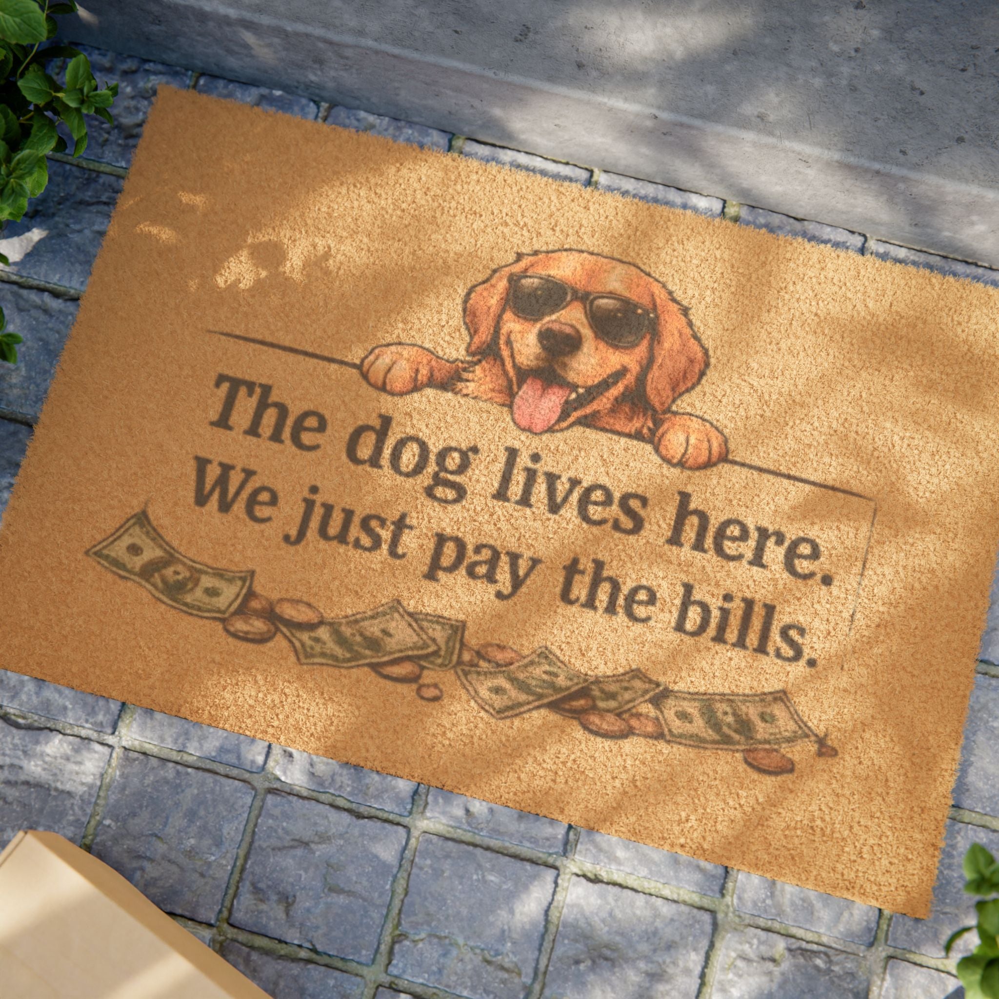 Doormat — “The Dog Lives Here, We Just Pay the Bills” Funny Welcome Mat (Dog Lover Gift)