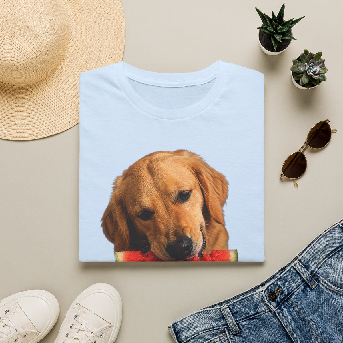 Dog Eating Watermelon T-Shirt — Cute Golden Retriever Summer Tee