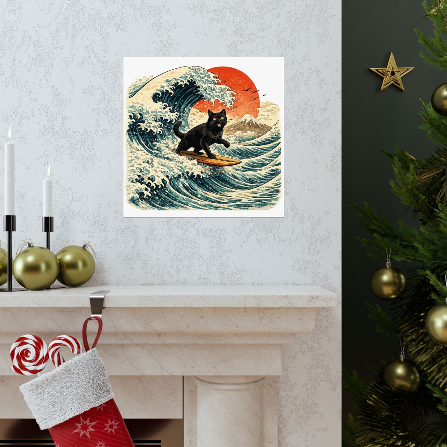 Surfing Black Cat Poster — Vintage Japanese Wave Art Print