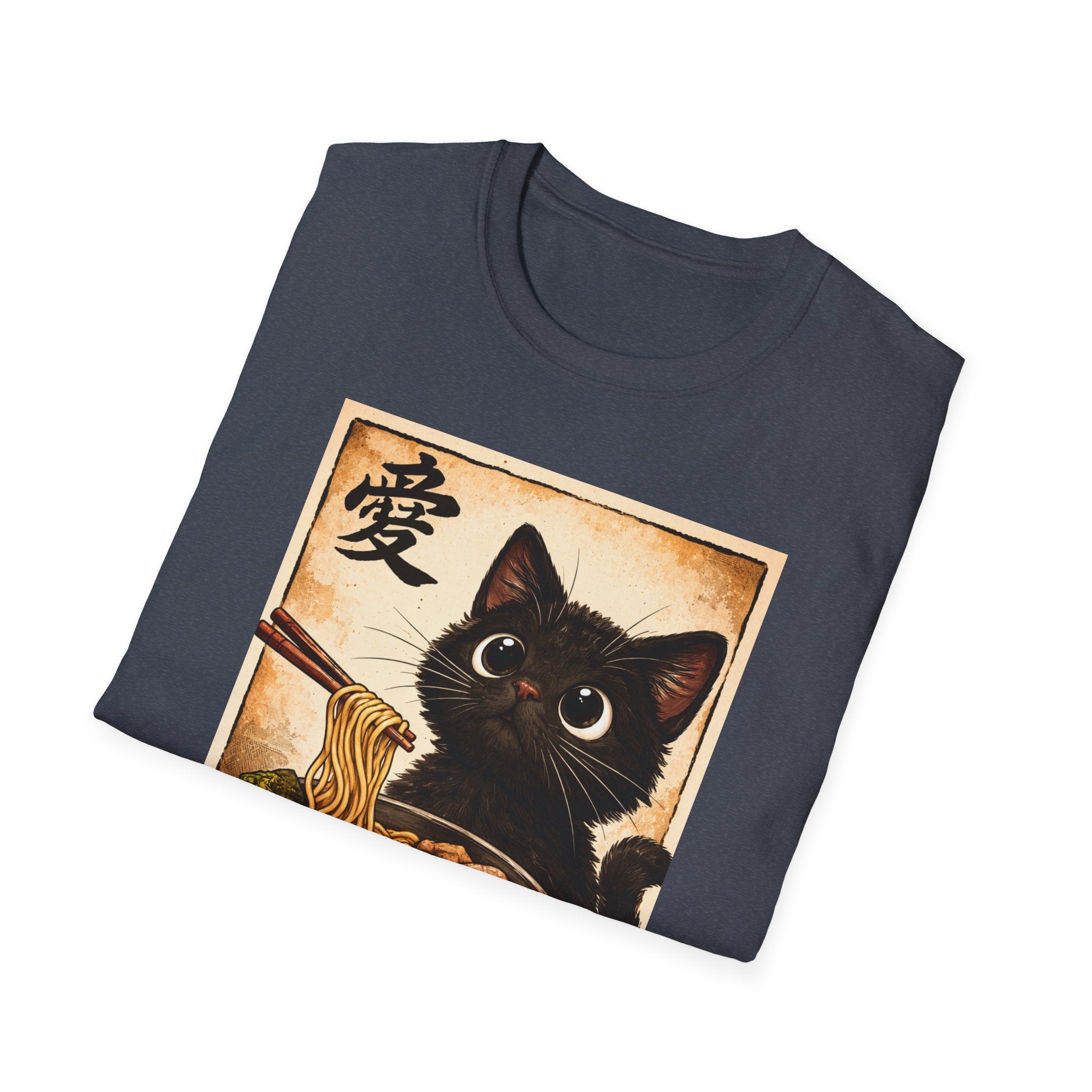 Camiseta de gato ramen: un adorable gato negro comiendo ramen, personaje vintage japonés de amor.