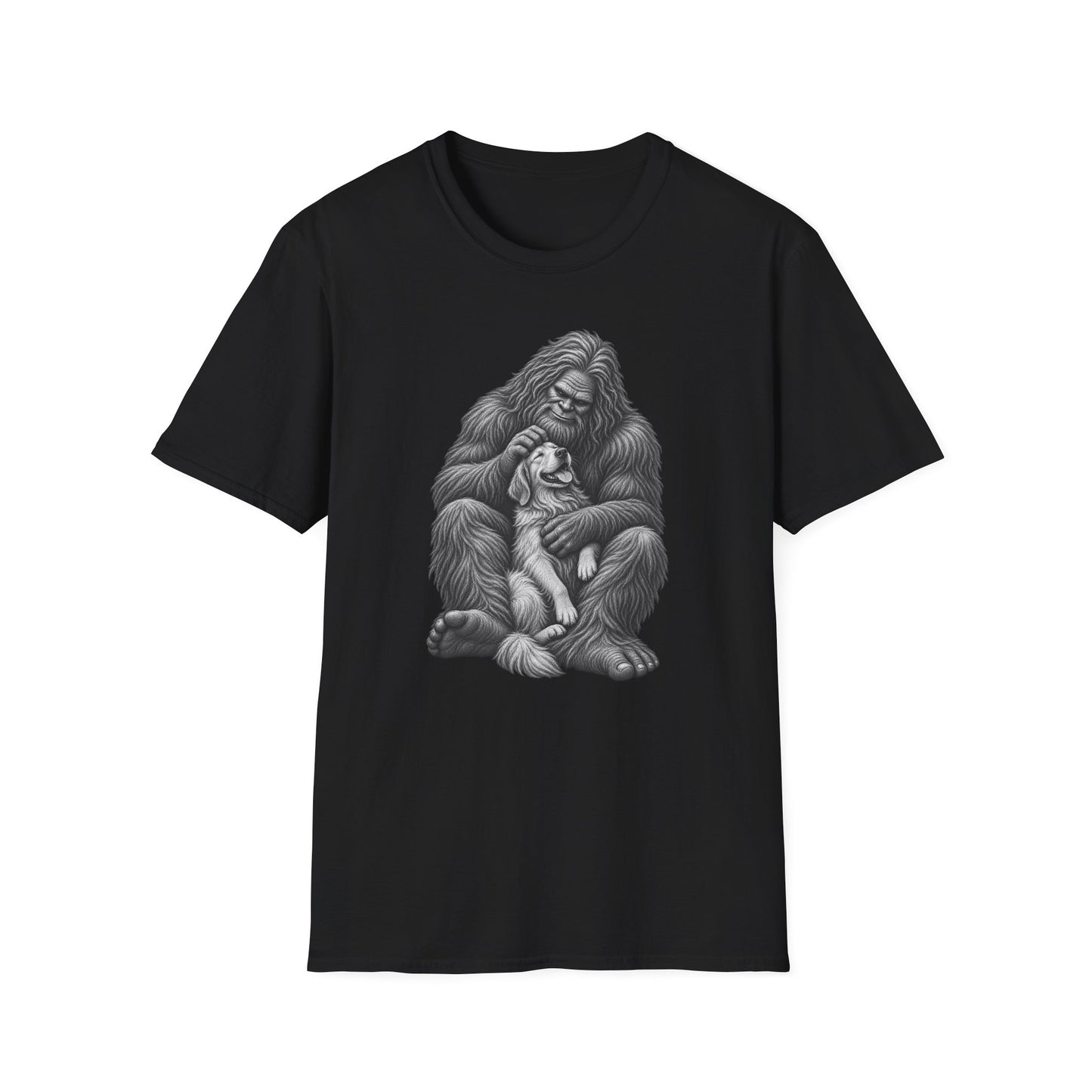 Bigfoot & Puppy Tee — Gentle Sasquatch Holding Dog Graphic T-Shirt