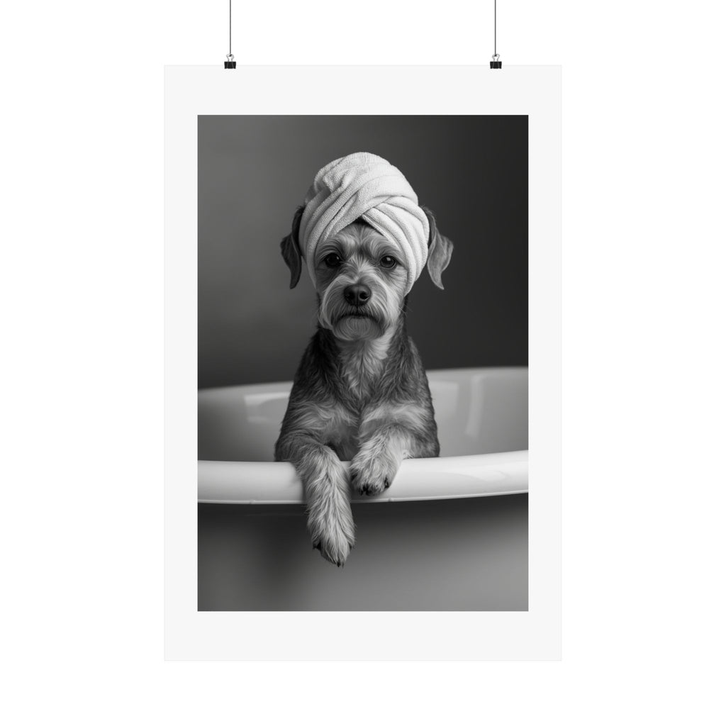 Spa Pup Matte Vertical Poster — Black & White Dog in Bathtub Print