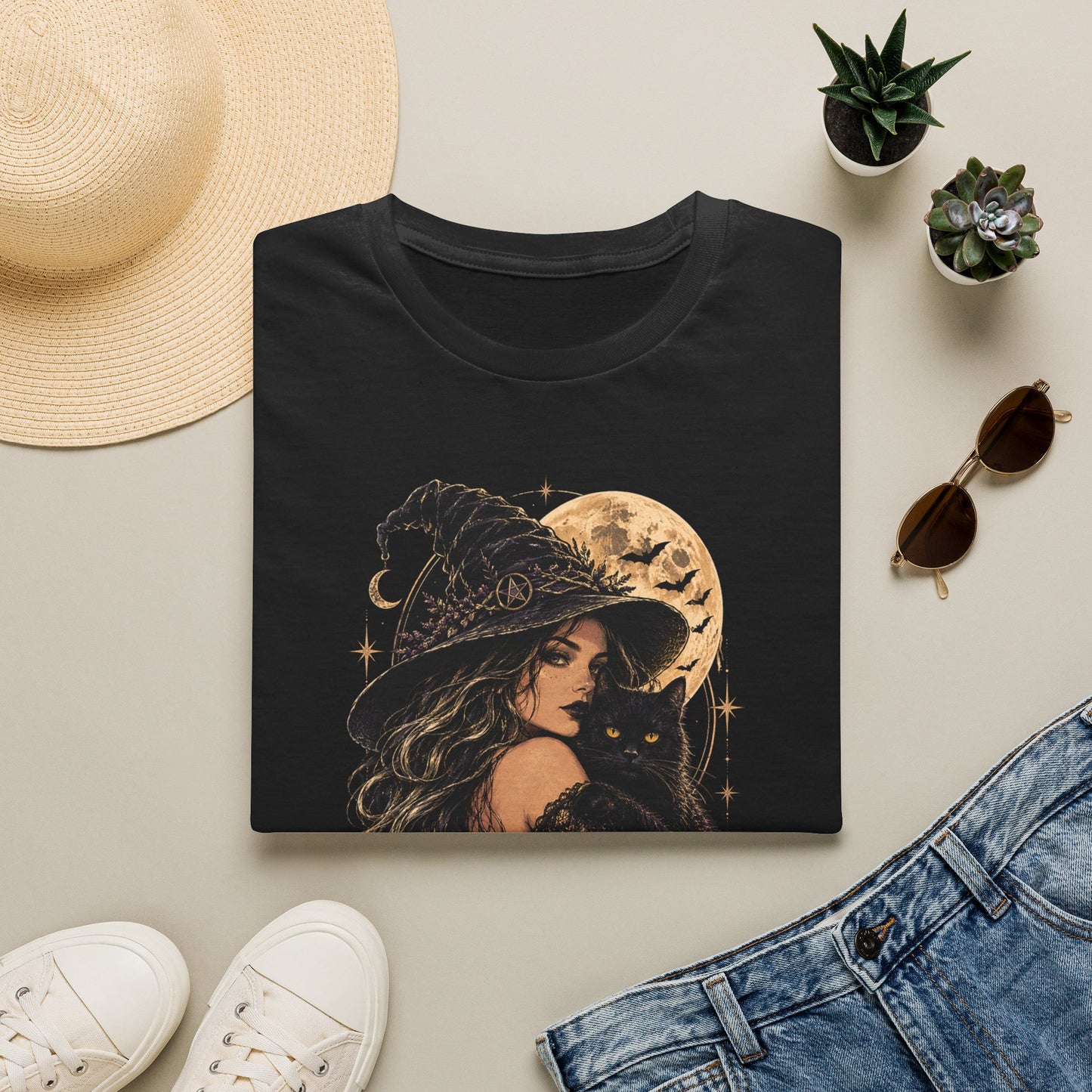 Witch & Black Cat Moon T-Shirt — Mystical Halloween Graphic Tee