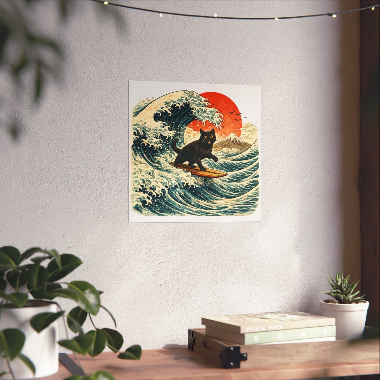 Surfing Black Cat Poster — Vintage Japanese Wave Art Print