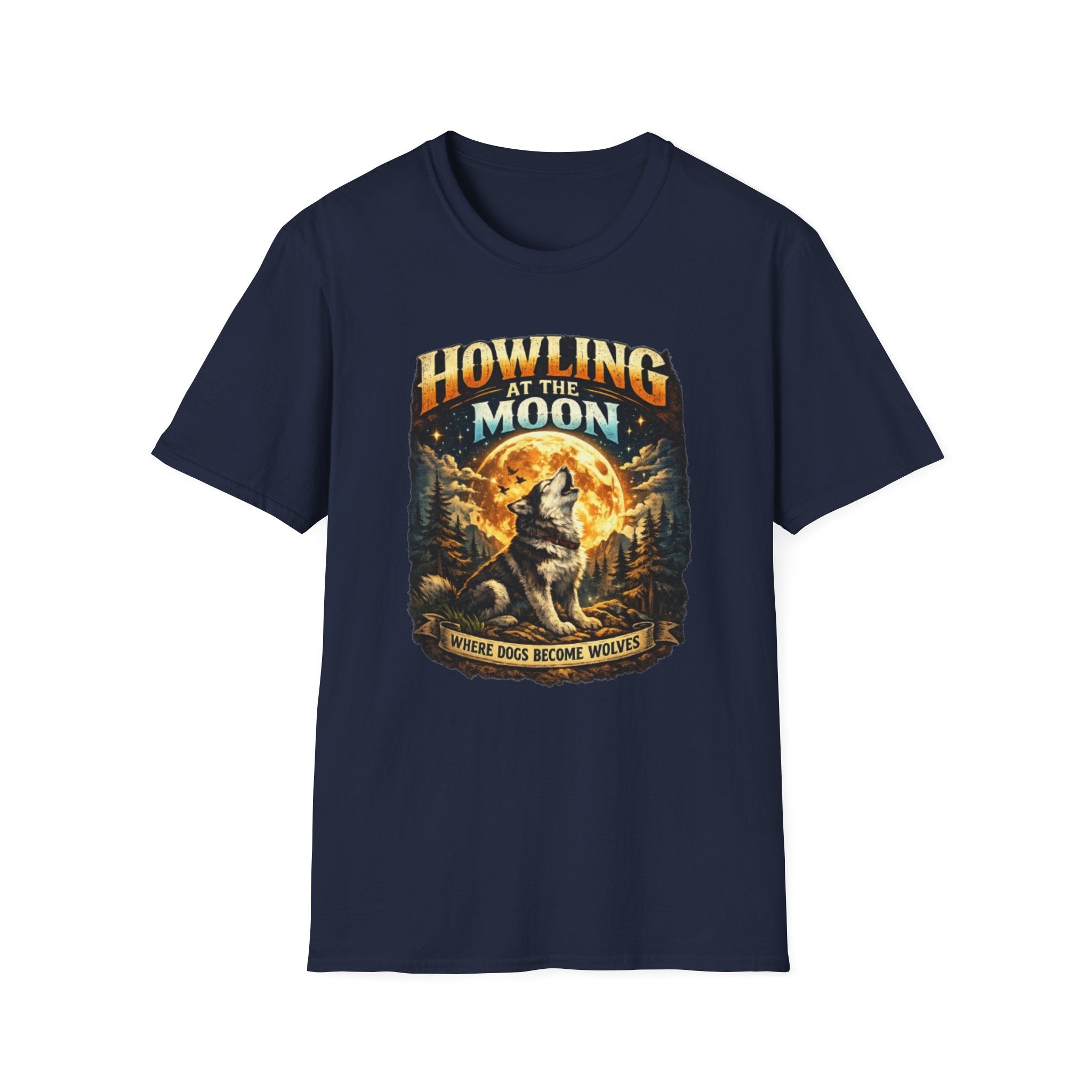 Howling at the Moon T-Shirt — Vintage Wolf Graphic (“Where Dogs Become Wolves”)