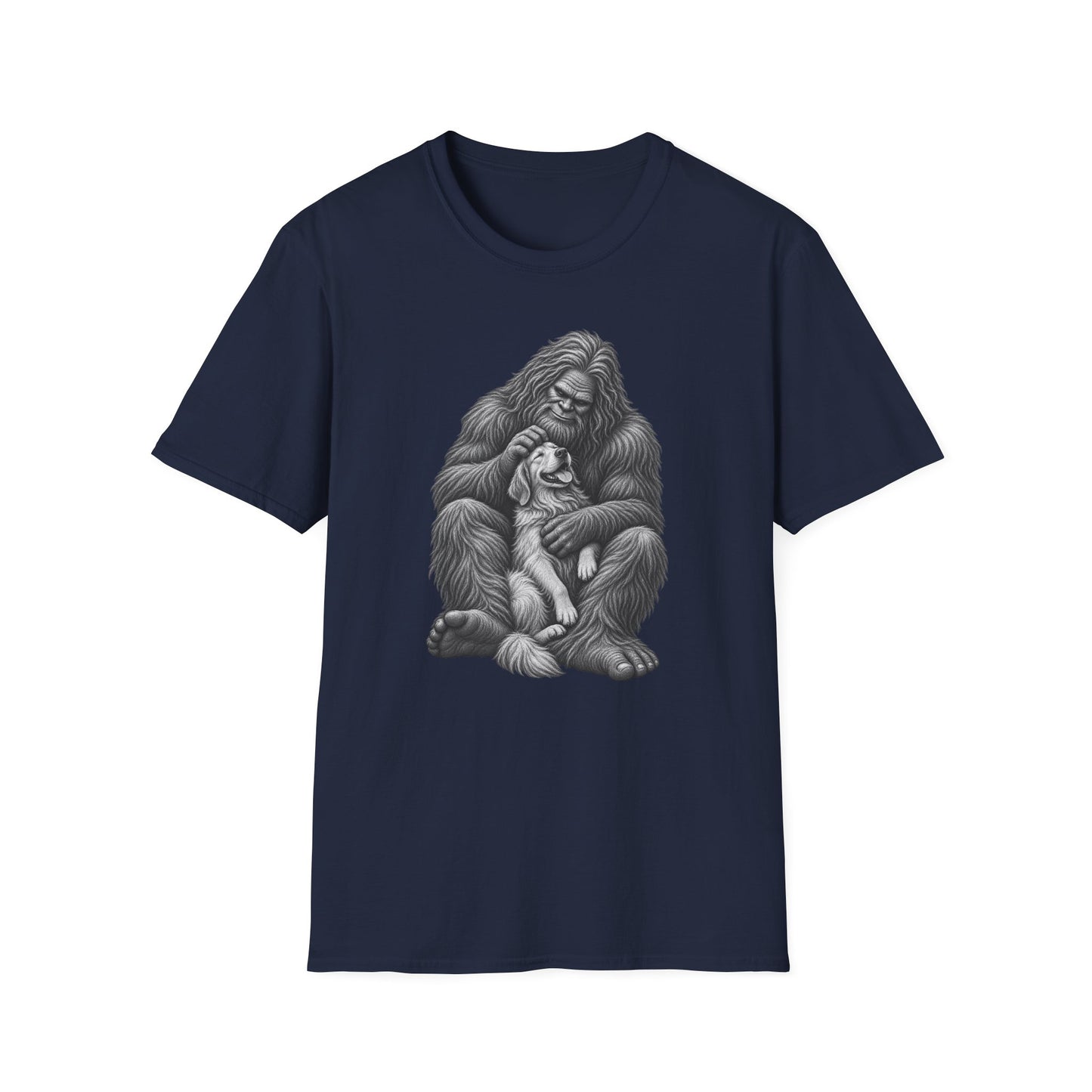 Bigfoot & Puppy Tee — Gentle Sasquatch Holding Dog Graphic T-Shirt