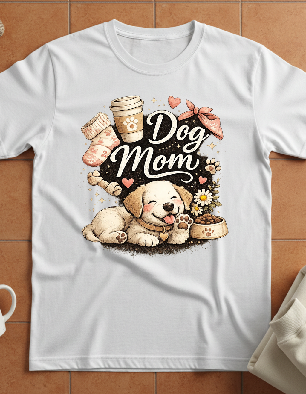 Dog Mom T-Shirt — Cute Puppy, Coffee & Floral Design