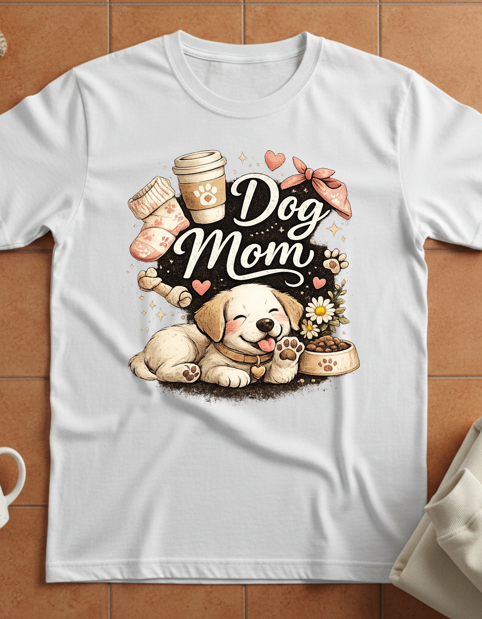 Dog Mom T-Shirt — Cute Puppy, Coffee & Floral Design